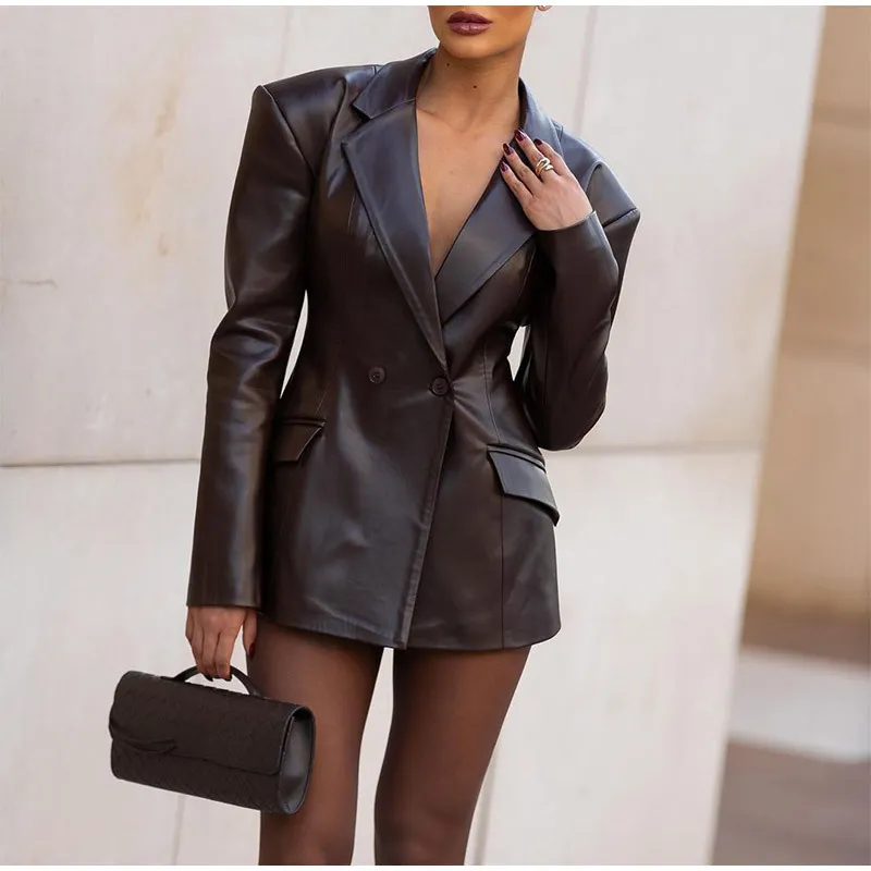 Women's Waist Tight Leather Jacket - Chocolate