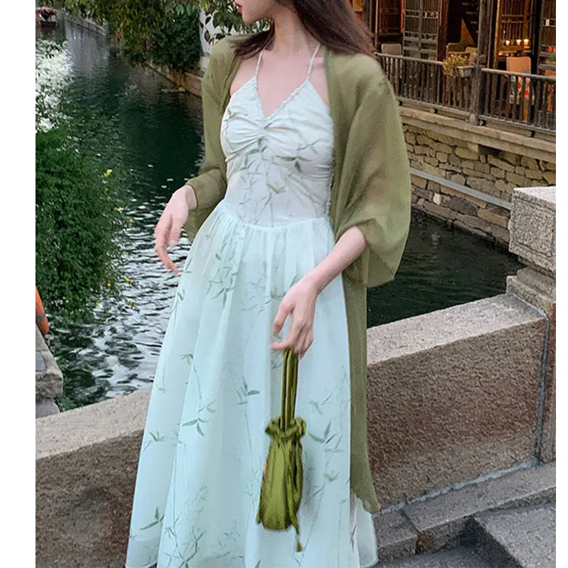 New Halter Spaghetti Straps Temperament Printed Long Dress - Cardigan-Xl