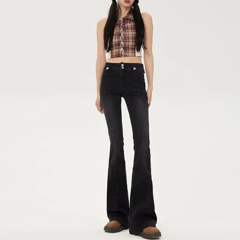Button Light-colored Lazy Literature And Art Women's Long Jeans - Black