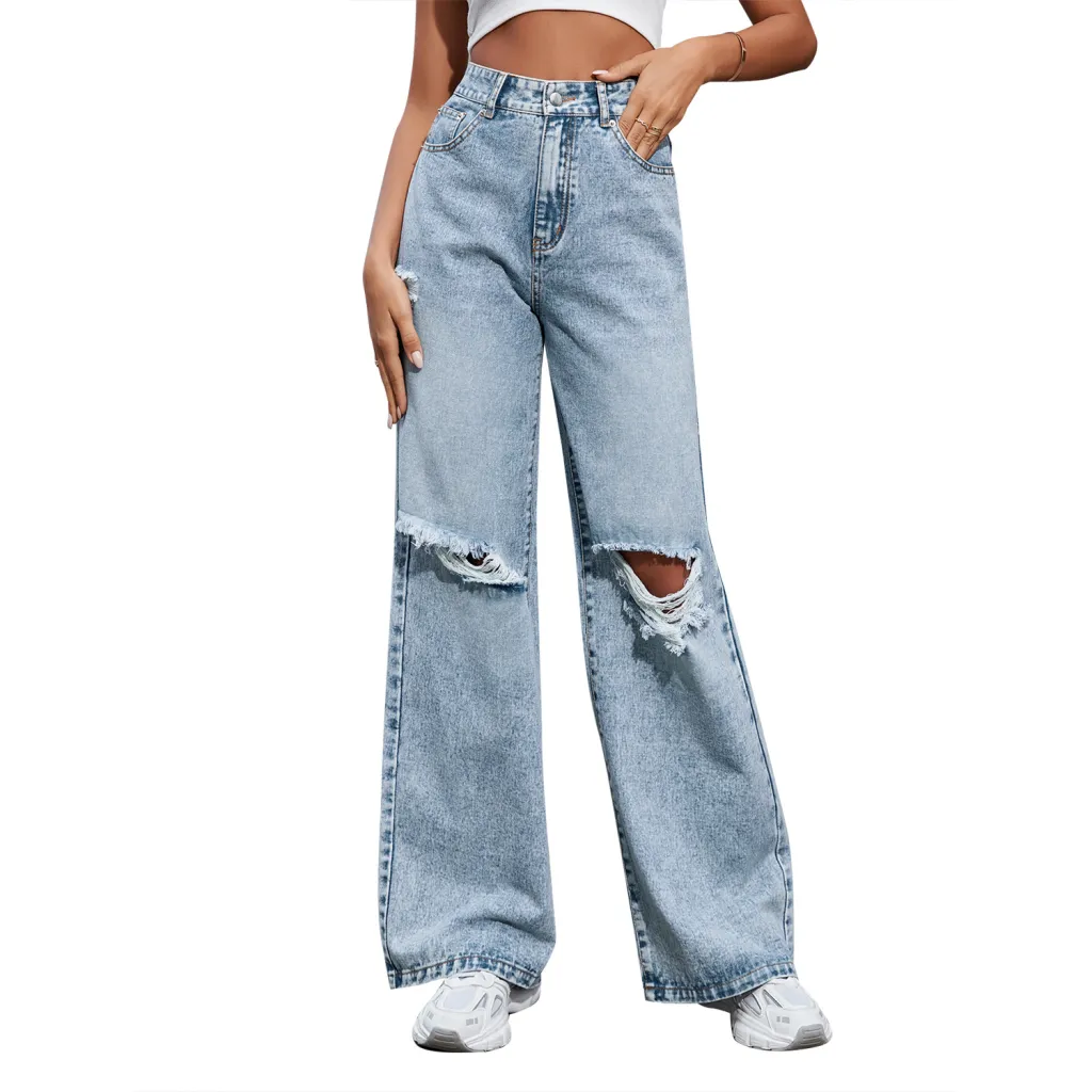 Women's Fashion Holes High Waist Casual Denim Trousers - Blue