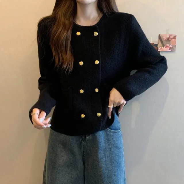 Solid Color Double Breasted Round Neck Knitted Cardigan Black - Shop at LoveMi