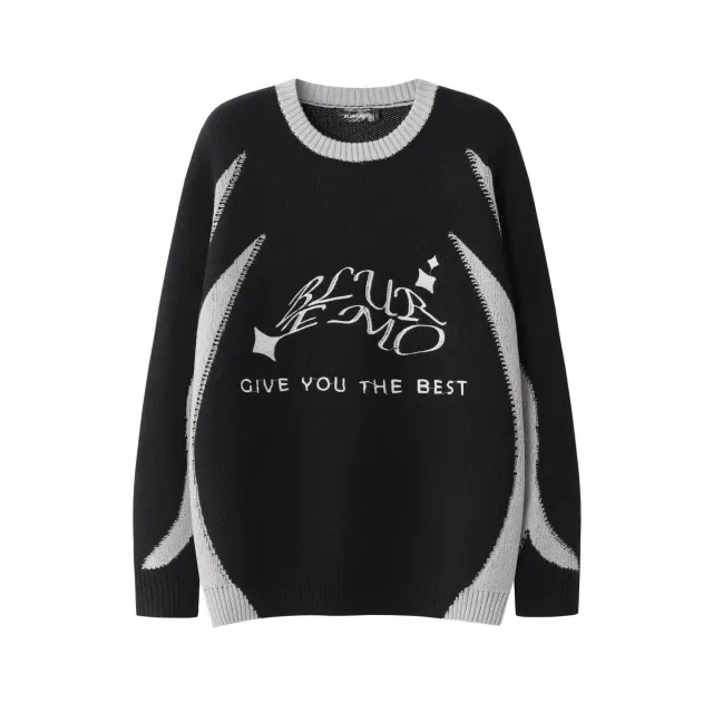 Patchwork Embroidered Round Neck Loose Sweater Black - Shop at LoveMi