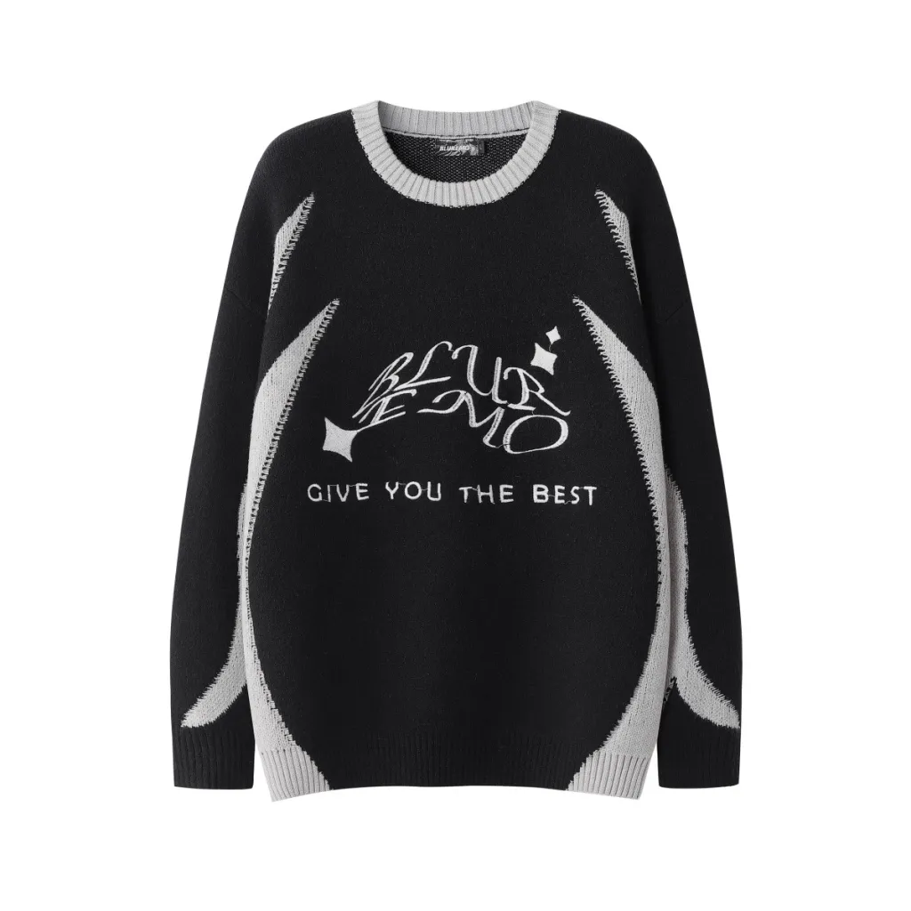 Patchwork Embroidered Round Neck Loose Sweater - Black