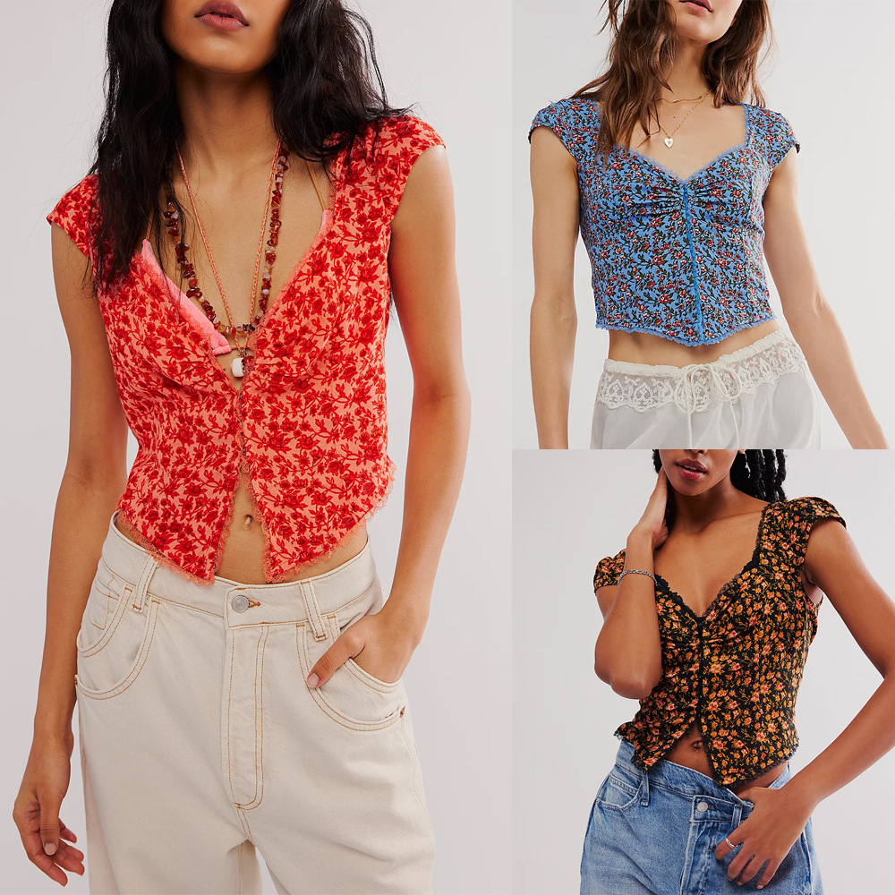 Womens Floral V-Neck Midriff-Baring Cropped TopTube Top