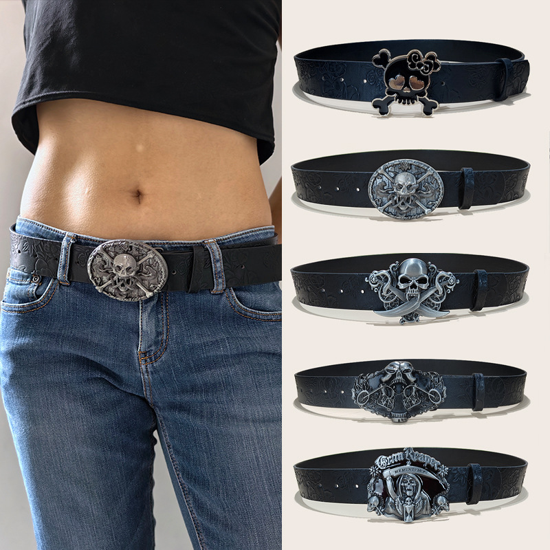 Personalized Skull And Rose Embossed PU Leather Belt
