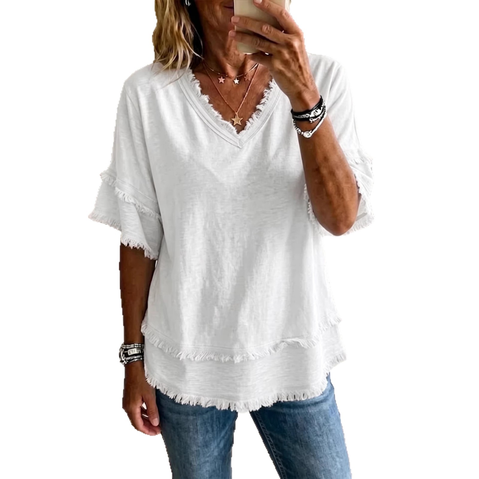 Women's V-Neck Pullover Short-Sleeve Loose Shirt 5