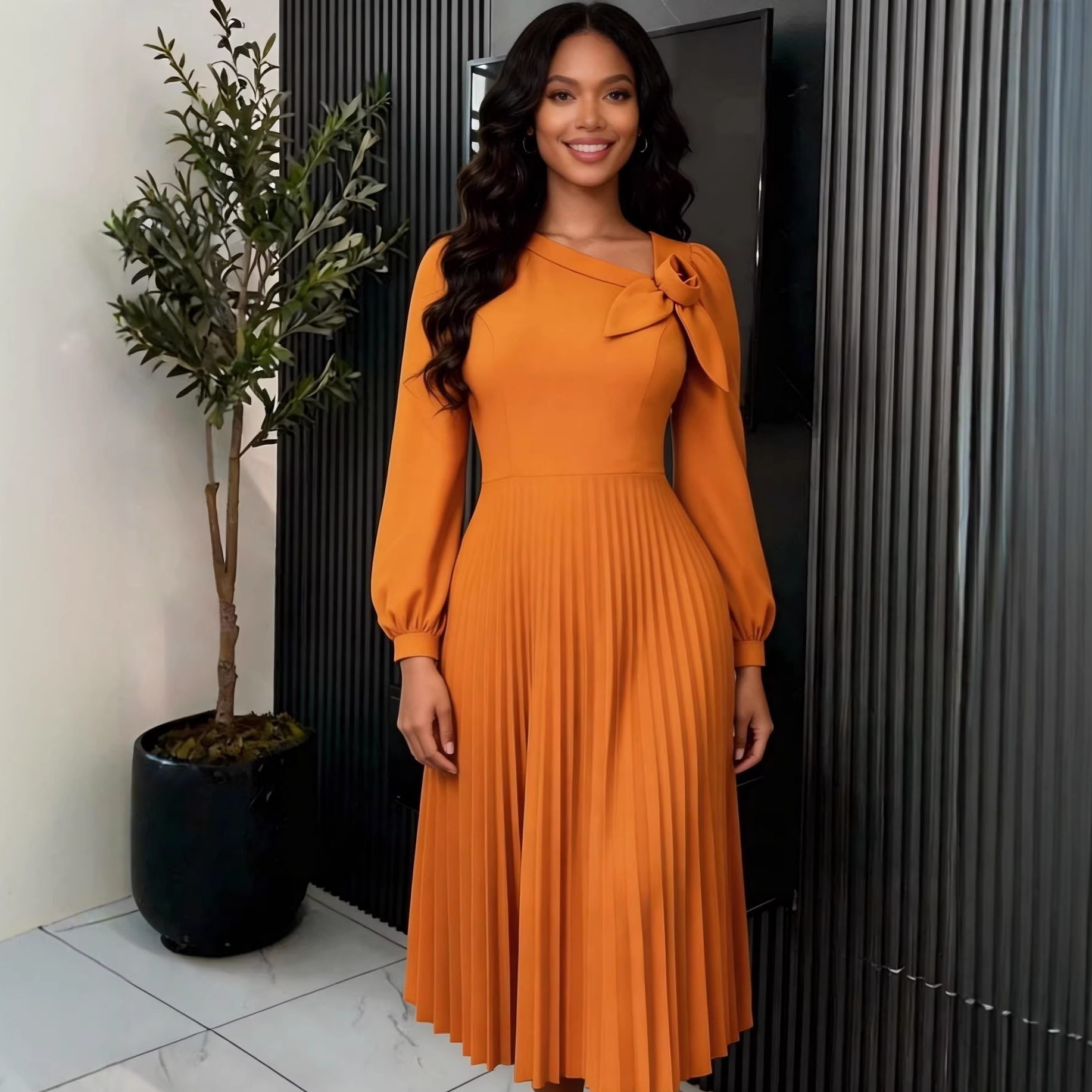 Waist-cinching Three-dimensional Floral Banquet Pleated Maxi Dress