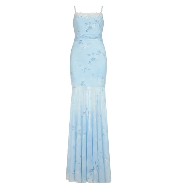 Hip Lifting Semi permeable Mesh Long Dress Mbd30688 Light Blue - Shop at LoveMi