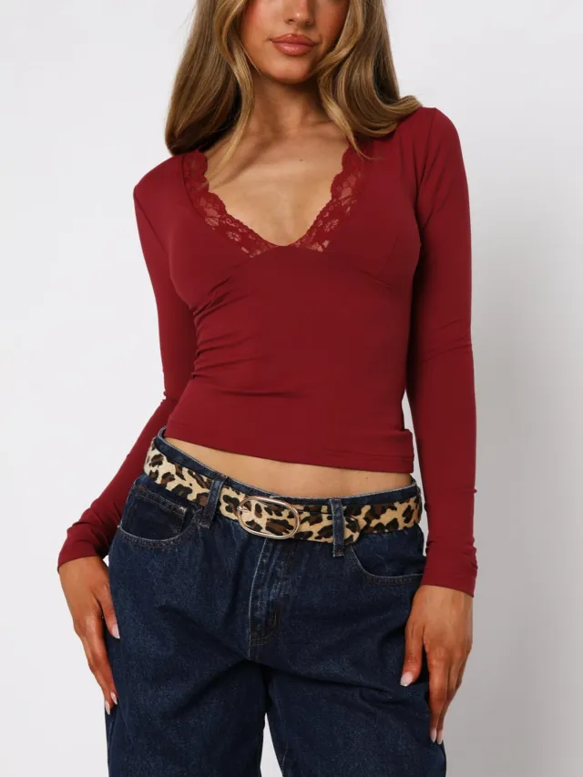 Solid Color V neck Lace Trim Long Sleeve Fitted Top Red - Shop at LoveMi