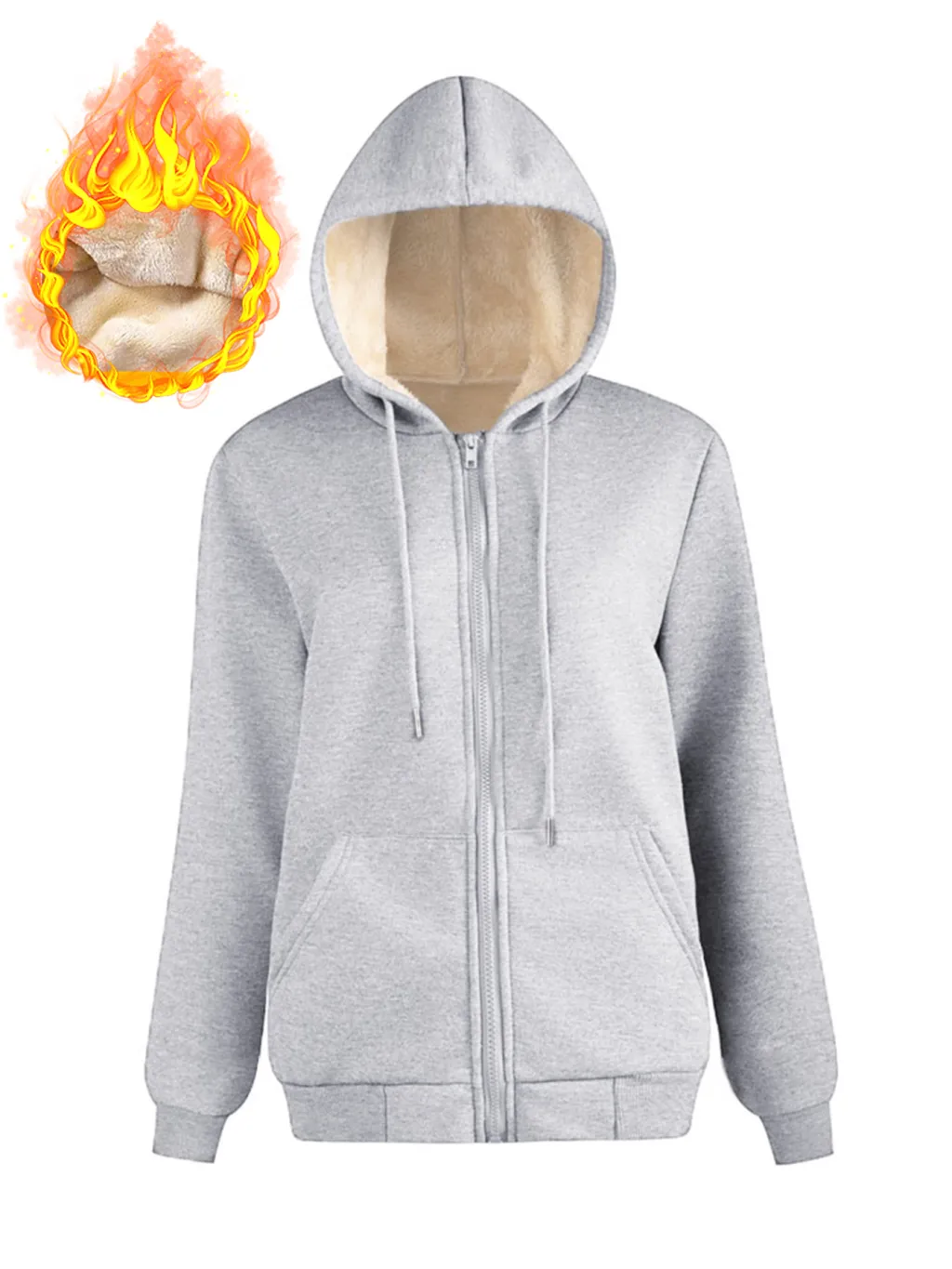 Warm Berber Fleece Pocket Hooded Sweatshirt Coat - Light Gray Thread Zipper