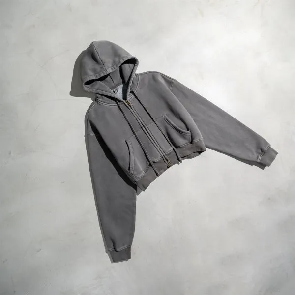 Retro Washed Color Contrast Short Hooded Zip Cardigan Sweater Dark Gray - Shop at LoveMi