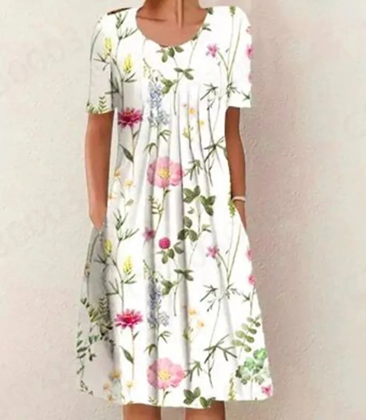 Spring And Summer Women's Elegant Large Swing Round Neck Printed Short Sleeve Dress - No 11 Color