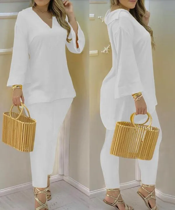 Bell Sleeve Top And Trousers Fashion Suit Women White - Shop at LoveMi