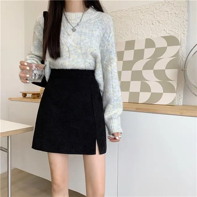Corduroy A Line Skirt Autumn And Winter Female College Style High Waist Slimming Black - Shop at LoveMi