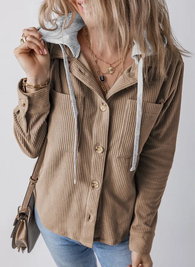 Lapel Buckle Cardigan Pouch Hooded Drawstring Striped Coat Khaki - Shop at LoveMi