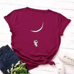 Women's Moon Astronaut Printed T-shirt Short Sleeve Bottoming Top - Wine Red - View 1