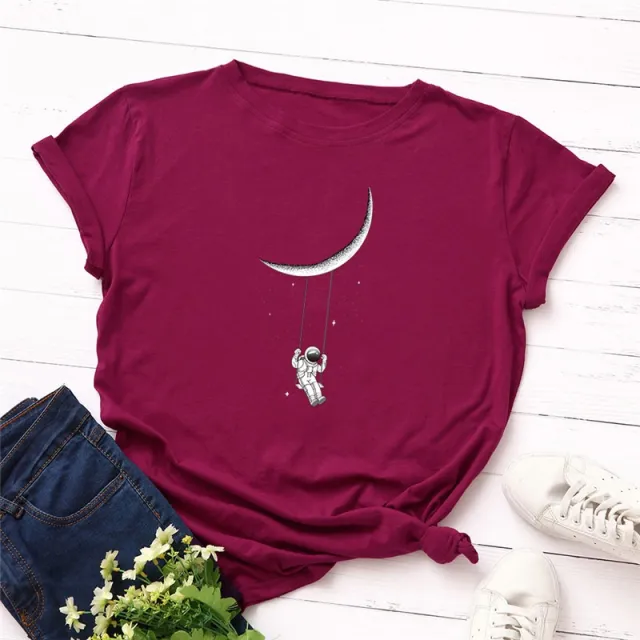 Women's Moon Astronaut Printed T shirt Short Sleeve Bottoming Top Wine Red - Shop at LoveMi