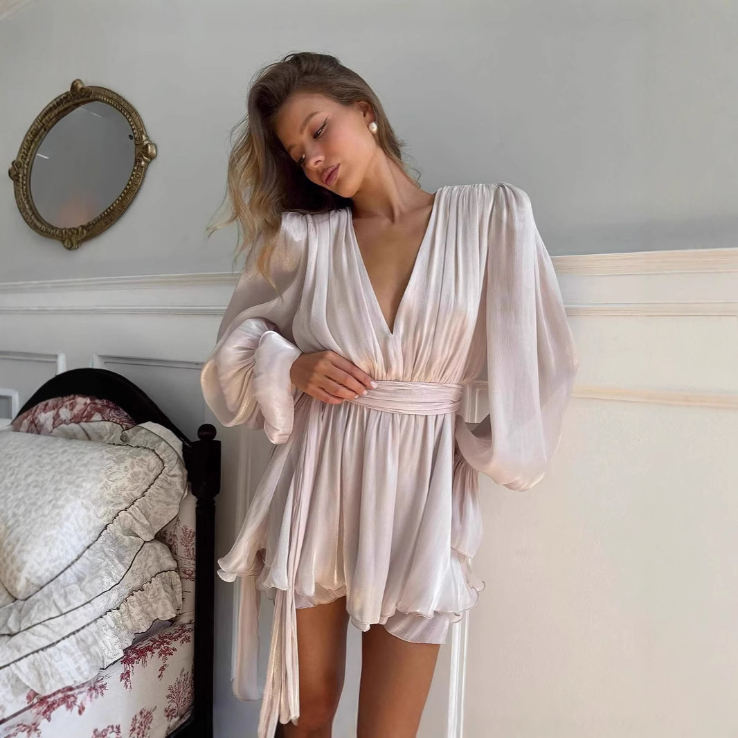 Fall High Waist V-neck Pleated Tie Puff Sleeve Mini Dress