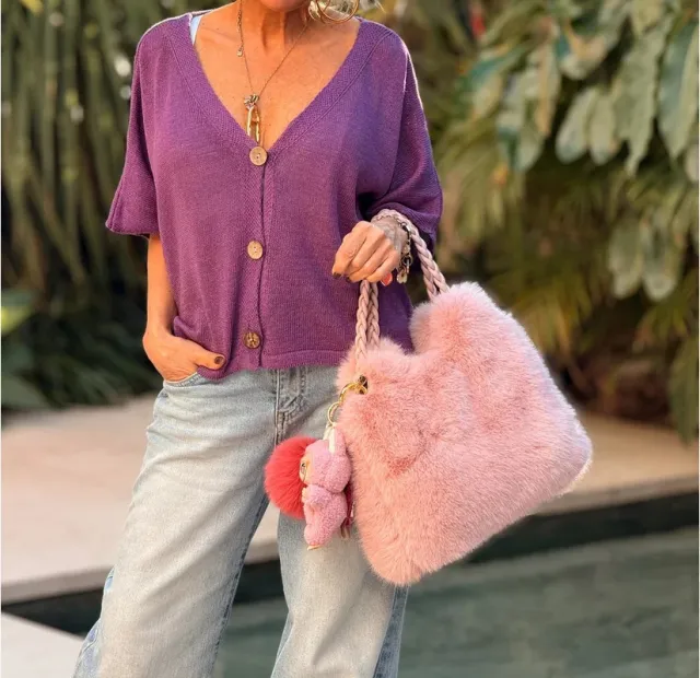 European And American Loose Casual Knitted Cardigan V neck Buttons Women's Top Purple - Shop at LoveMi