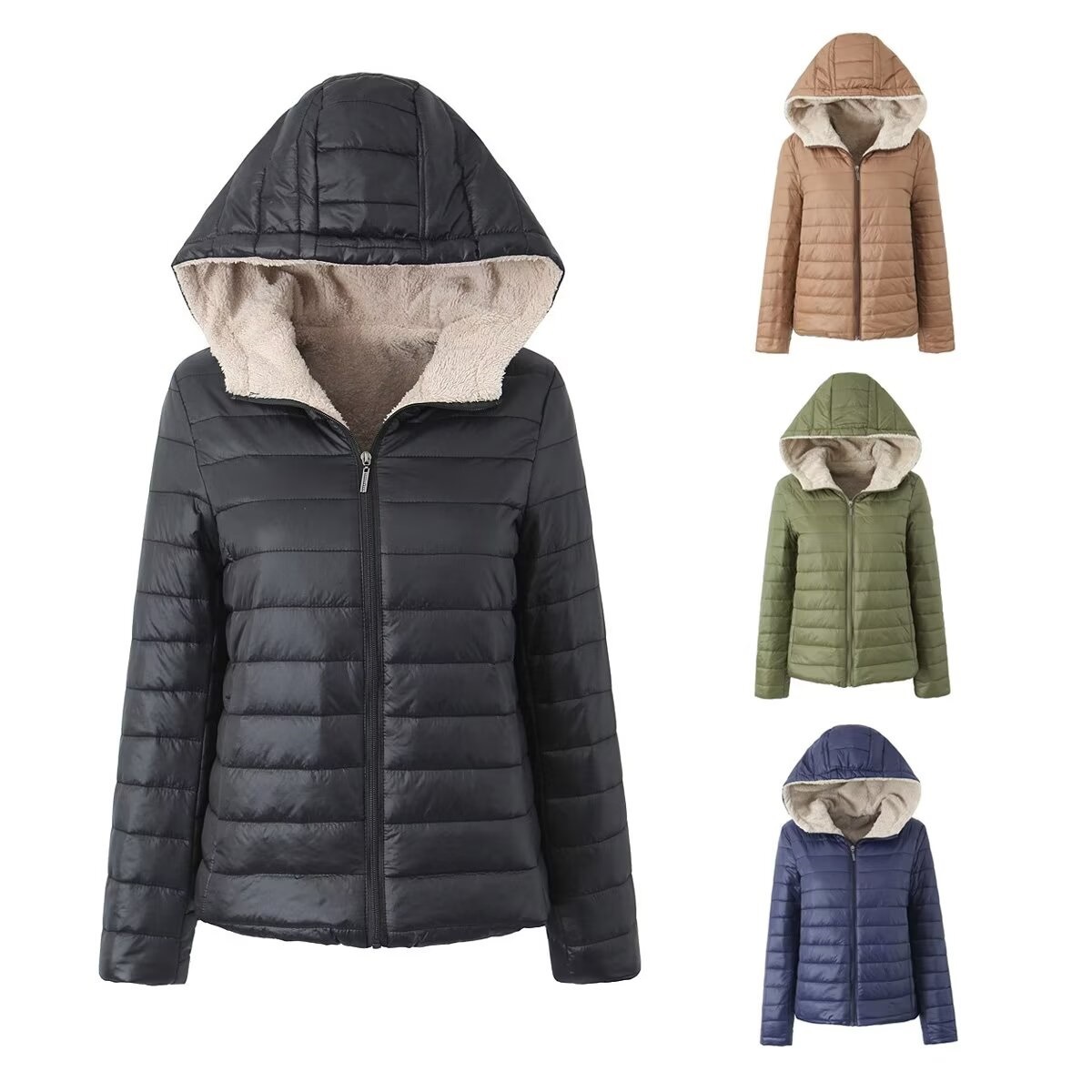 Women's Casual Solid-color Loose-fitting Hooded Fleece-lined Jacket