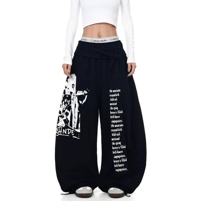 American Retro Alphabet Printed Lace Up Bandage Dress Machete Sweatpants Black - Shop at LoveMi
