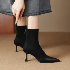 Elastic Pointed Mid-heel Ankle Boots For Women - Black - View 1