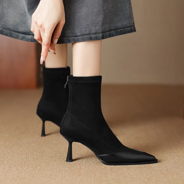 Elastic Pointed Mid heel Ankle Boots For Women Black - Shop at LoveMi
