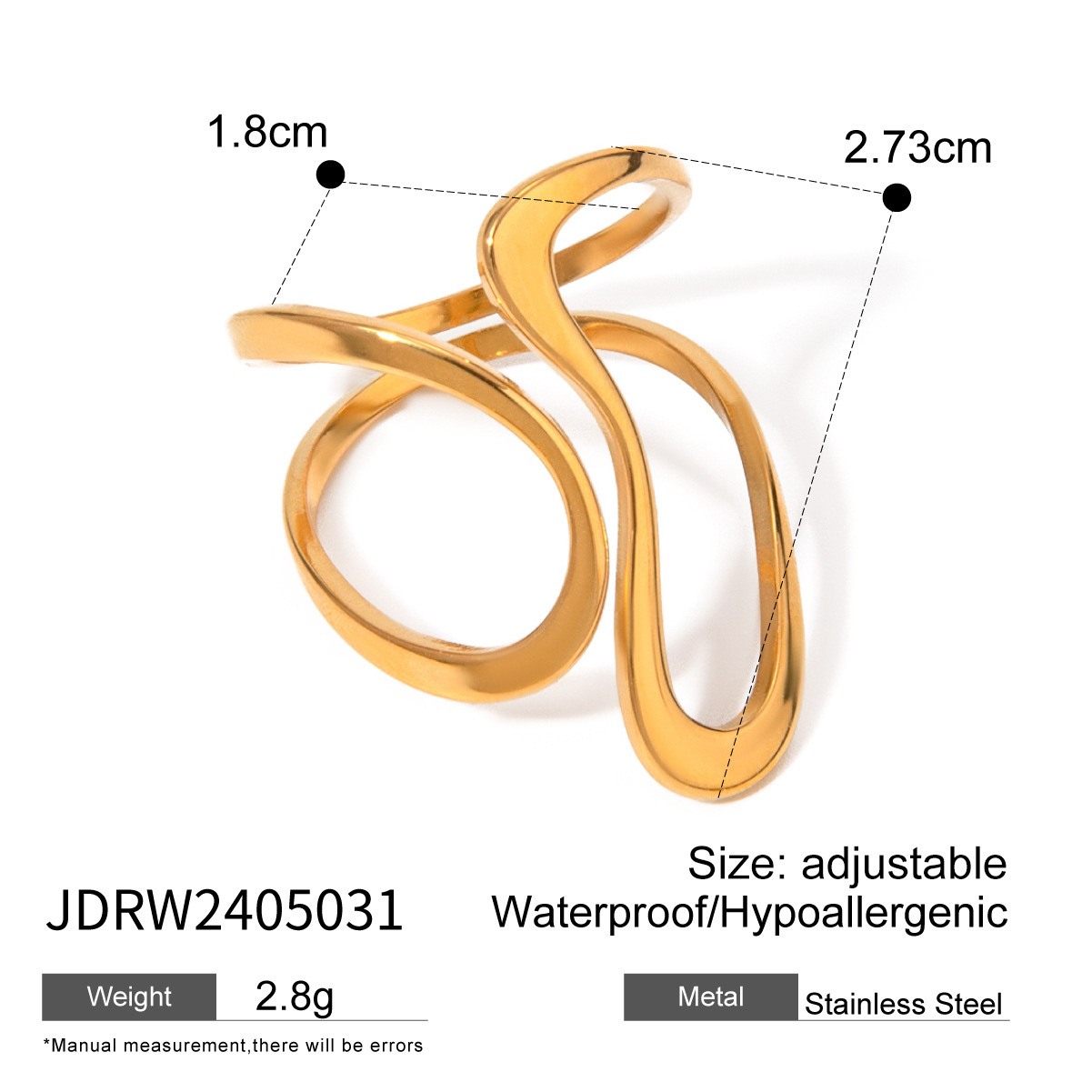 Retro 18K Gold Stainless Steel Glossy Line Shaped Adjustable Ring Does Not Fade