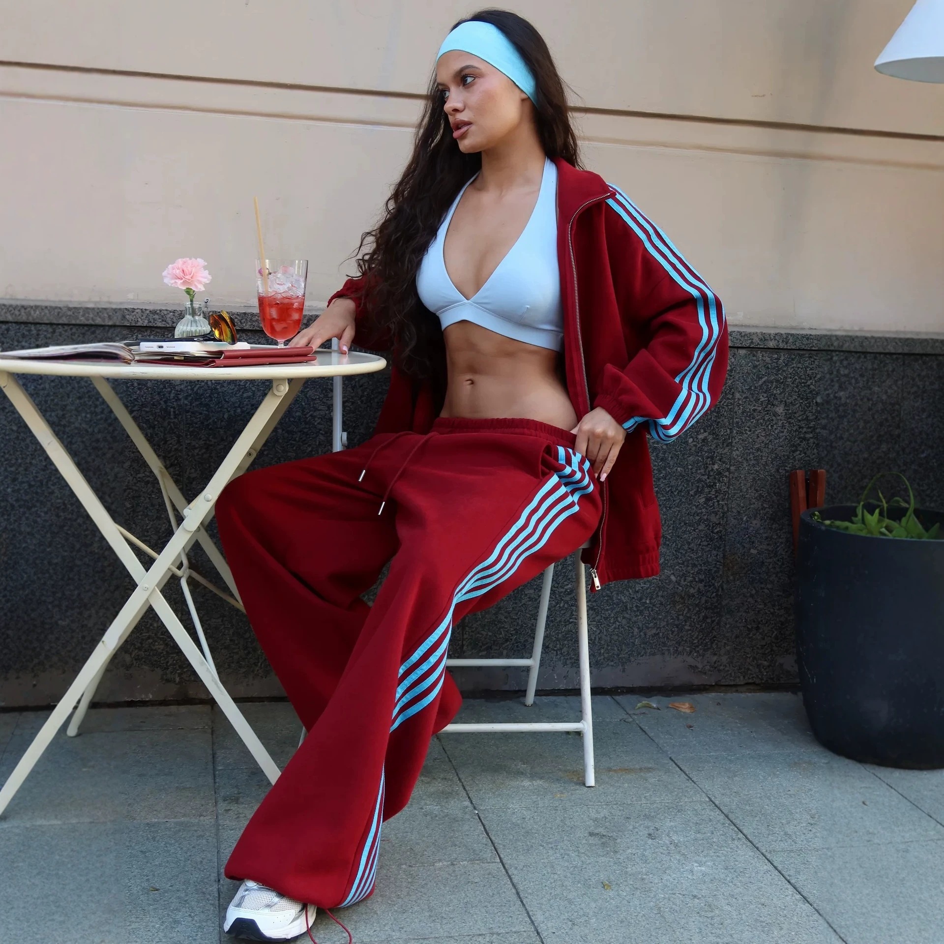 Stand-collar Zip-up Jacket And Wide-leg Sweatpants Two-piece Set For Women