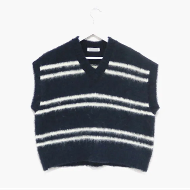 Contrast Color Striped V neck Wool Vest Loose Pullover Knitting Vest Navy Blue - Shop at LoveMi