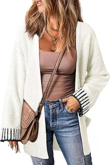 Long Sleeve Color Stitching Knitted Cardigan Pocket Women's Clothing Milky White - Shop at LoveMi