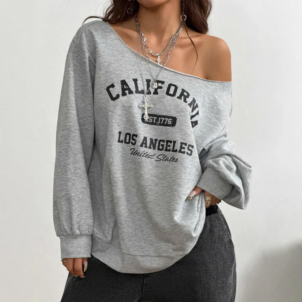 Women's Asymmetrical T-shirt With Slanted Shoulder Printed Letters And Pattern - Gray