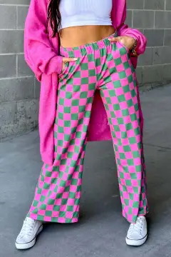 Chessboard Plaid Printed Women's High Waist Wide-leg Casual Pants - Watermelon Red - View 1