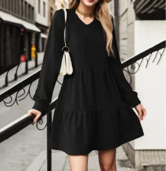 Autumn And Winter European And American Fashion V-neck Solid Colour Long Sleeve Dress - Black - View 1