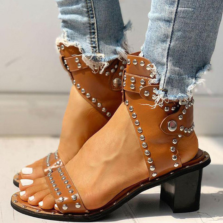 Fashion Rivet Belt Buckle Chunky Heel Sandals For Women Brown - Shop at LoveMi