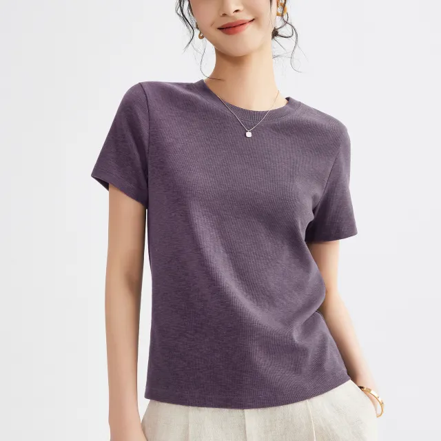 Women's Round Neck Pure Color All matching Heavy Bamboo Snowflake Cotton T shirt Purple East Round Neck - Shop at LoveMi