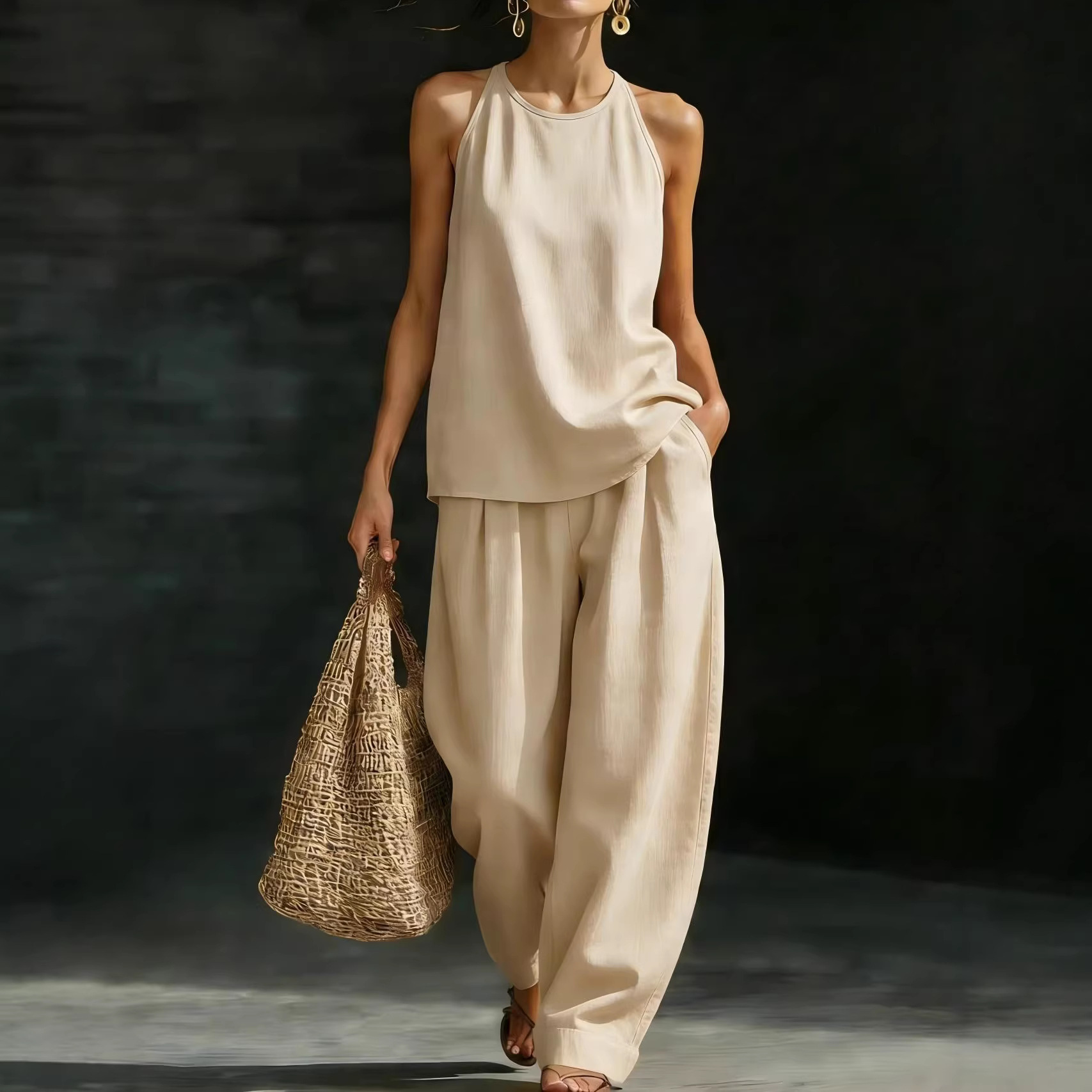 New Womens Crew-Neck Sleeveless Fashionable Casual Set