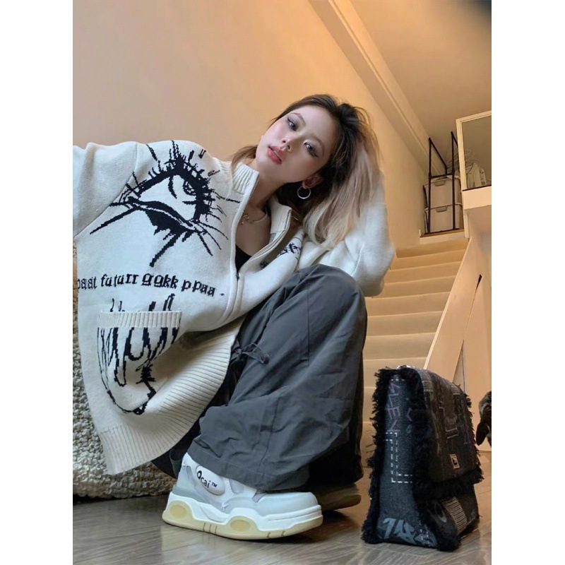 American Retro Crew Neck Knitted Cardigan Top Women