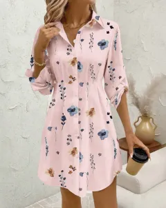 Elegant Floral Printing Lapel Long Sleeve Dress - Pink - View 1