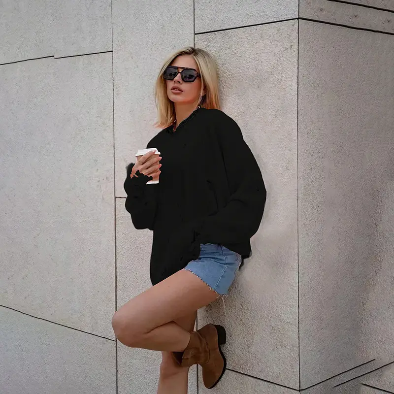 Women's Round Neck Loose Hole Mid-length Long Sleeve Sweater