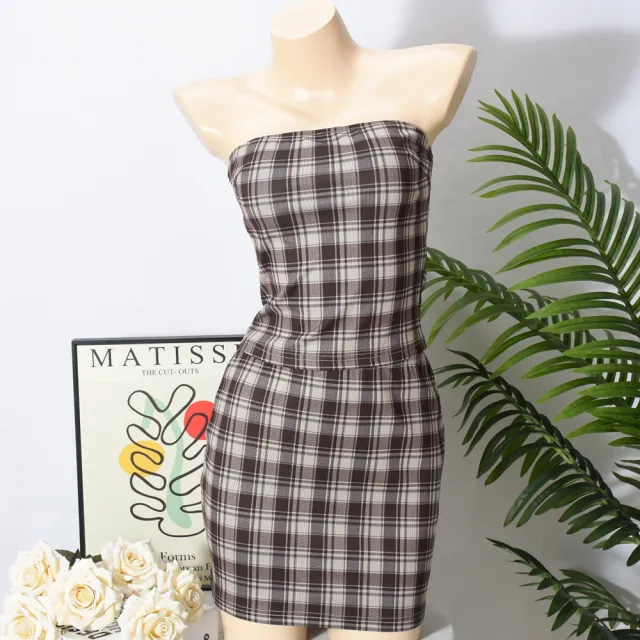 Women's Two piece Cropped Chest wrapped Skirt Plaid Coffee Color - Shop at LoveMi