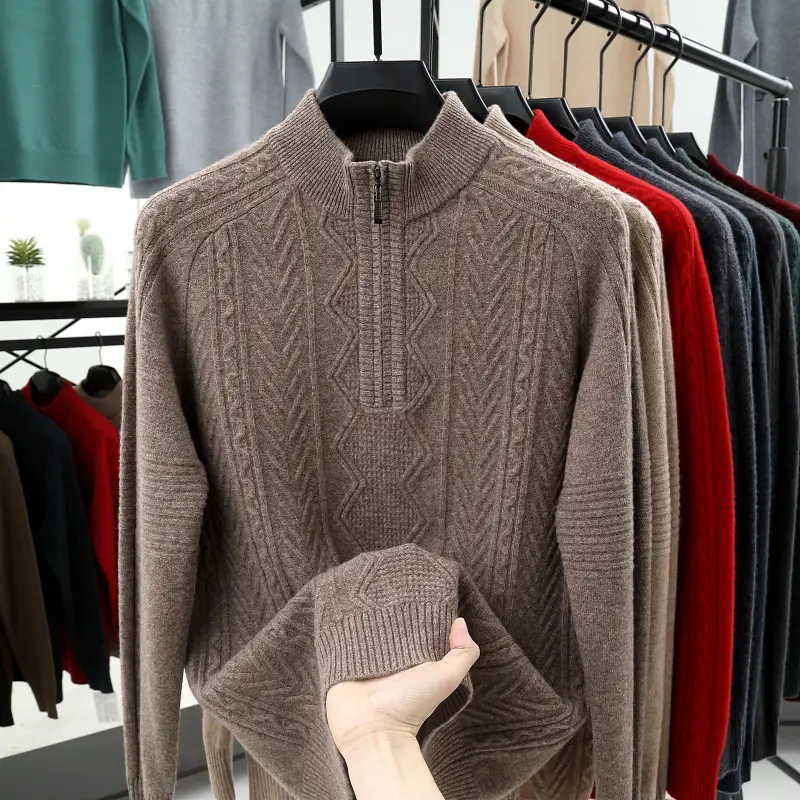 All Wool Men's Sweater Half Turtleneck Zipper Sweater