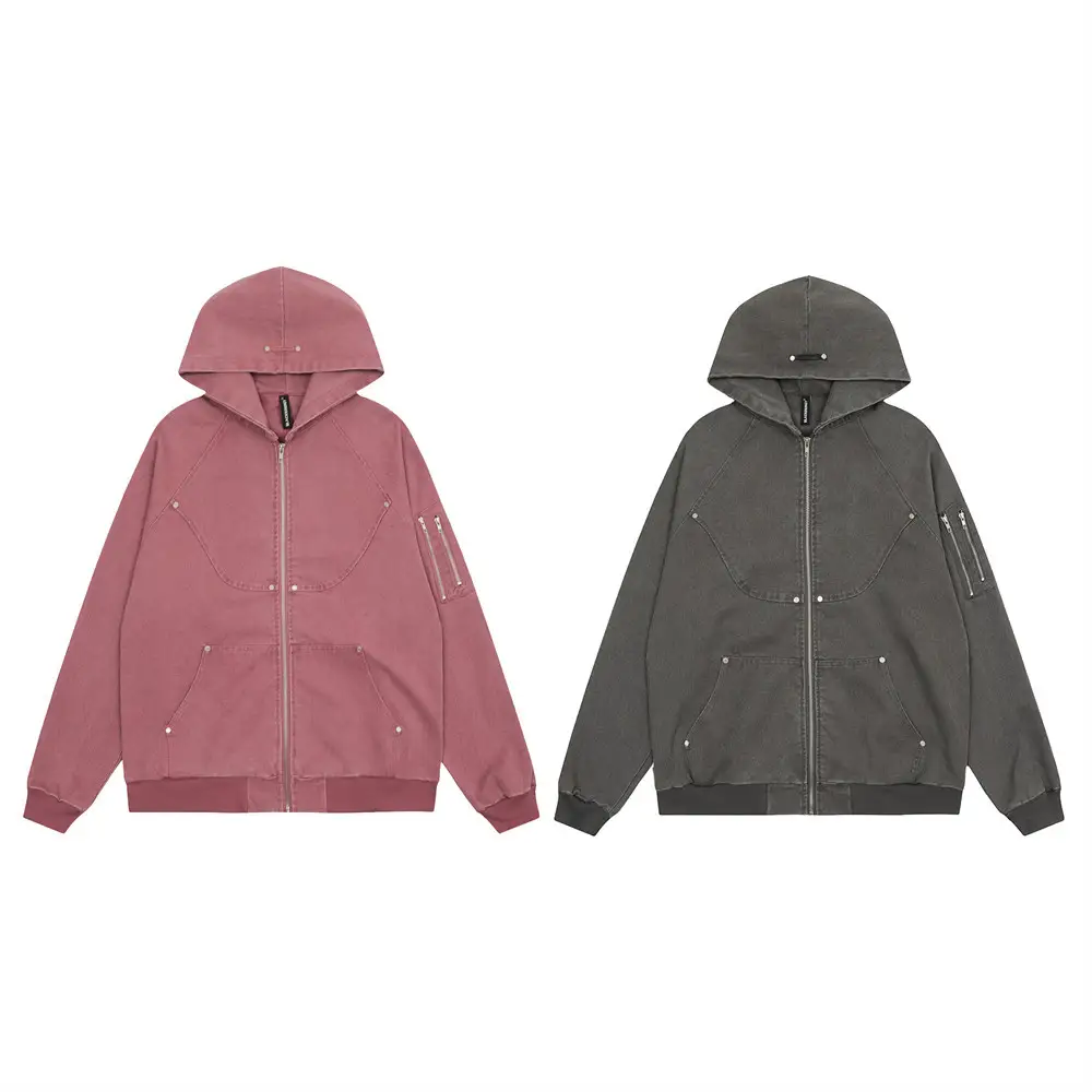 Workwear Washed And Worn Hooded Jacket Men
