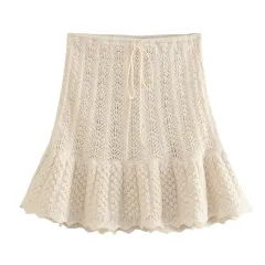 Round Neck Jacquard Mesh Hollow Out Sleeveless Knitted Top Drawstring Knitted Skirt Suit Women - Beige Skirt - View 1