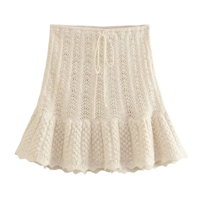Round Neck Jacquard Mesh Hollow Out Sleeveless Knitted Top Drawstring Knitted Skirt Suit Women Beige Skirt - Shop at LoveMi