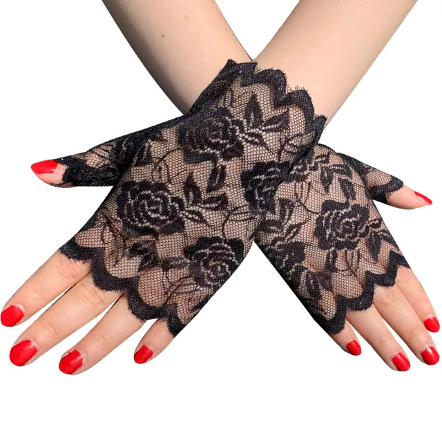 Women's Sun proof Short Half finger Lace Gloves Black - Shop at LoveMi