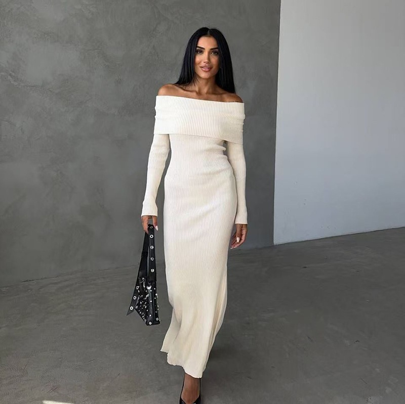 Off-the-shoulder Black And White Striped Knit Dress
