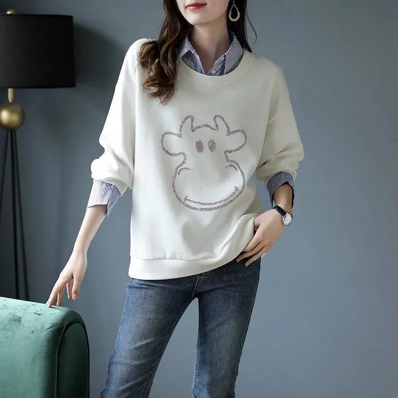 Women's Autumn Winter False-two-piece Sweater Shirt Collar - White Regular