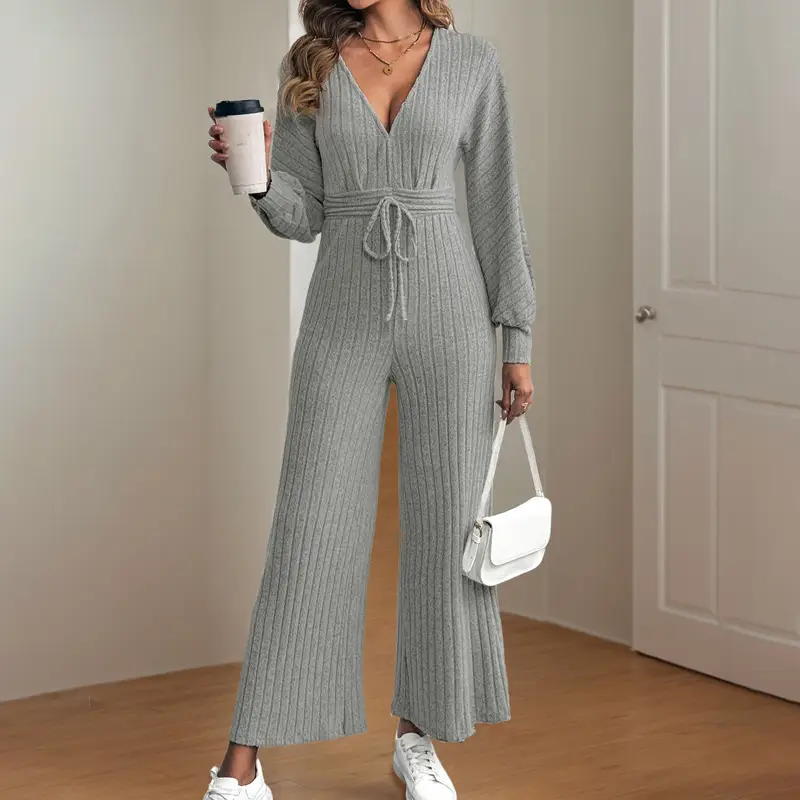 V-neck Lace-up Batwing Sleeve Solid Color Wide Leg Jumpsuit