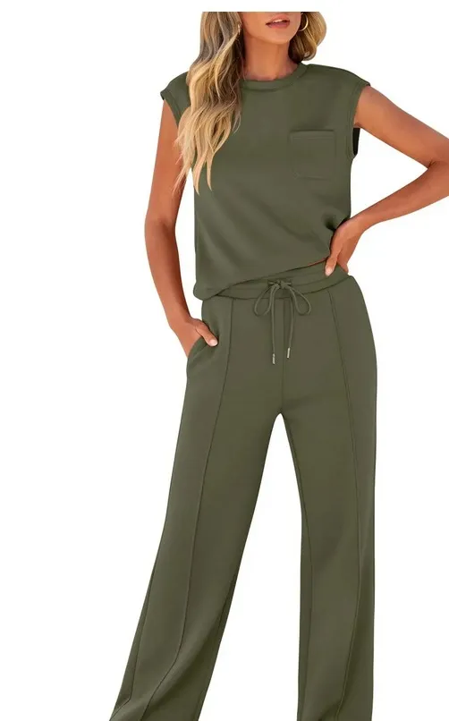 European And American Autumn And Winter New Sleeveless Casual High Elastic Loose Two piece Suit Women Army Green - Shop at LoveMi